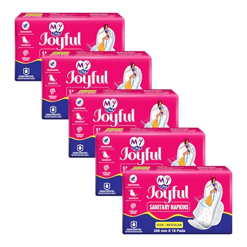 Image of Joyful Sanitary Napkins for Women | Cotton Soft, Super Absorbent, Odour & Rash Free, Leak-Proof Pad for Heavy Flow, Overnight Protection & Travel, Regular, 90 pads, Pack of 5