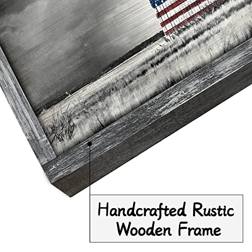 Farmhouse Wood Wall Art Picture: Living Room Framed Rustic Old Barn American Flag Painting Decor Bedroom Large Black White Country Rural Farm Scene Print Horizontal Patriotic Countryside Nature Landscape Artwork For Home Office #TOP1