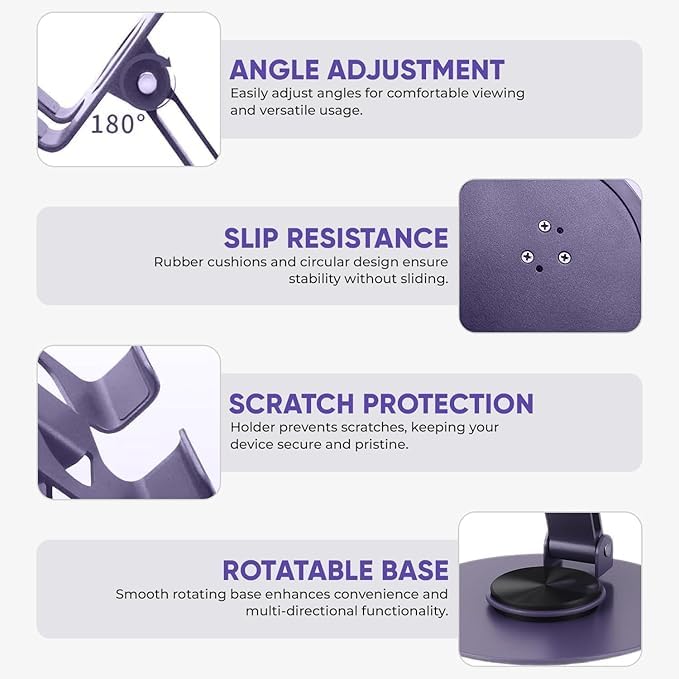 Image of WALLVIEW TECH Aluminium Stand Portable Desktop Phone Stand 360 Rotatable and Foldable Cell Phone Holder Metal Base for Table & Bed Compatible with All Smartphones & Tablets Desk-Purple