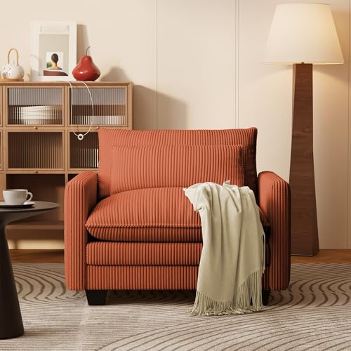 Image of Gizoon Cloud Accent Chair with Washable Cover, Corduroy Single Sofa Chair with Comfy Deep Seat, Modern Armchair with Pillow for Living Room Bedroom, Orange