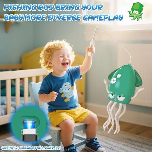 Starnearby Dancing Octopus Toy, Elektrisches Tanzender Oktopus Spielzeug, Krake Krabbelspielzeug mit Licht & Musik & Angelrute, Tummy Time Toys für Junge Mädchen (Grün)