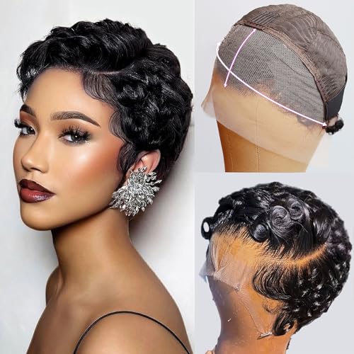 CRYSTALHAIR Short Curly Pixie Cut 13x4 Lace Front Wig 100% Human Hair Wigs Black 13x4 HD Lace Frontal Wigs Short Layered Curly Glueless Wig Pre Plucked Deep Wave Pixie Cut Human Hair Wigs for Women