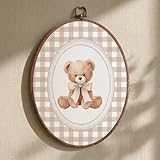 Yerliker Vintage Bear Wall Art Nursery Beige Gingham Bow Decor We Can Bearly Wait Neutral Oval Framed Canvas Art Prints Country Gingham Wall Hanging Decor for Home Playroom Bedroom 8.6 x 11.4 Inch