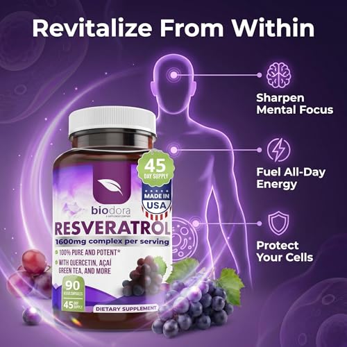 Image of Resveratrol 1600mg - 90 Capsules | Trans-Resveratrol Antioxidant Supplement with Natural Green Tea, Grape Seed Polyphenols & Quercetin, Supports Digestive, Heart Health, Immune System, Brain Function