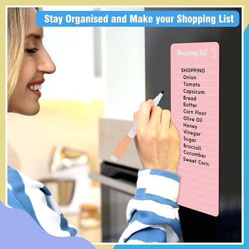 Image of Clickedin Magnetic Shopping List Grocery Fridge Magnet, 10x24 cm Acrylic Board with Marker (Baby Pink)