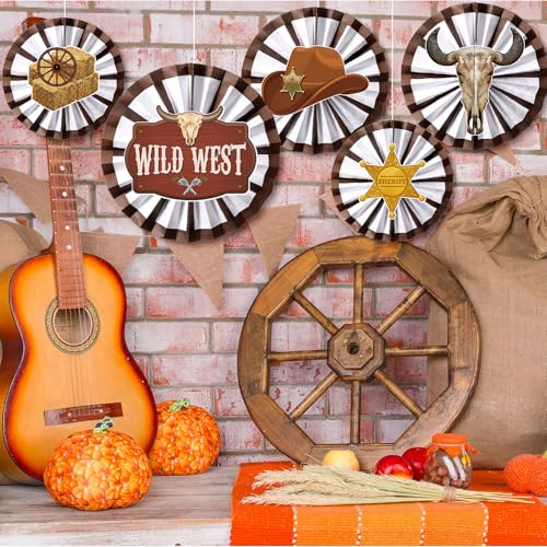 Image of Affrolling 18 Pack Western Party Decorations Including 9 Pcs West Wooden Hanging Paper Fans and 9 Pcs Wagon Wheels Saddle Shorse Horseshoe Cowboy Hat Sticker for Wild Party Birthday Classroom Decor