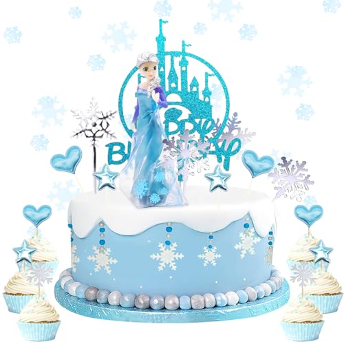 Elsa - Decoração de bolos (26 unidades, figuras de Frozen com castelo, flocos de neve, decoração para bolos com El-sa F-igur, figuras de rainha de gelo)