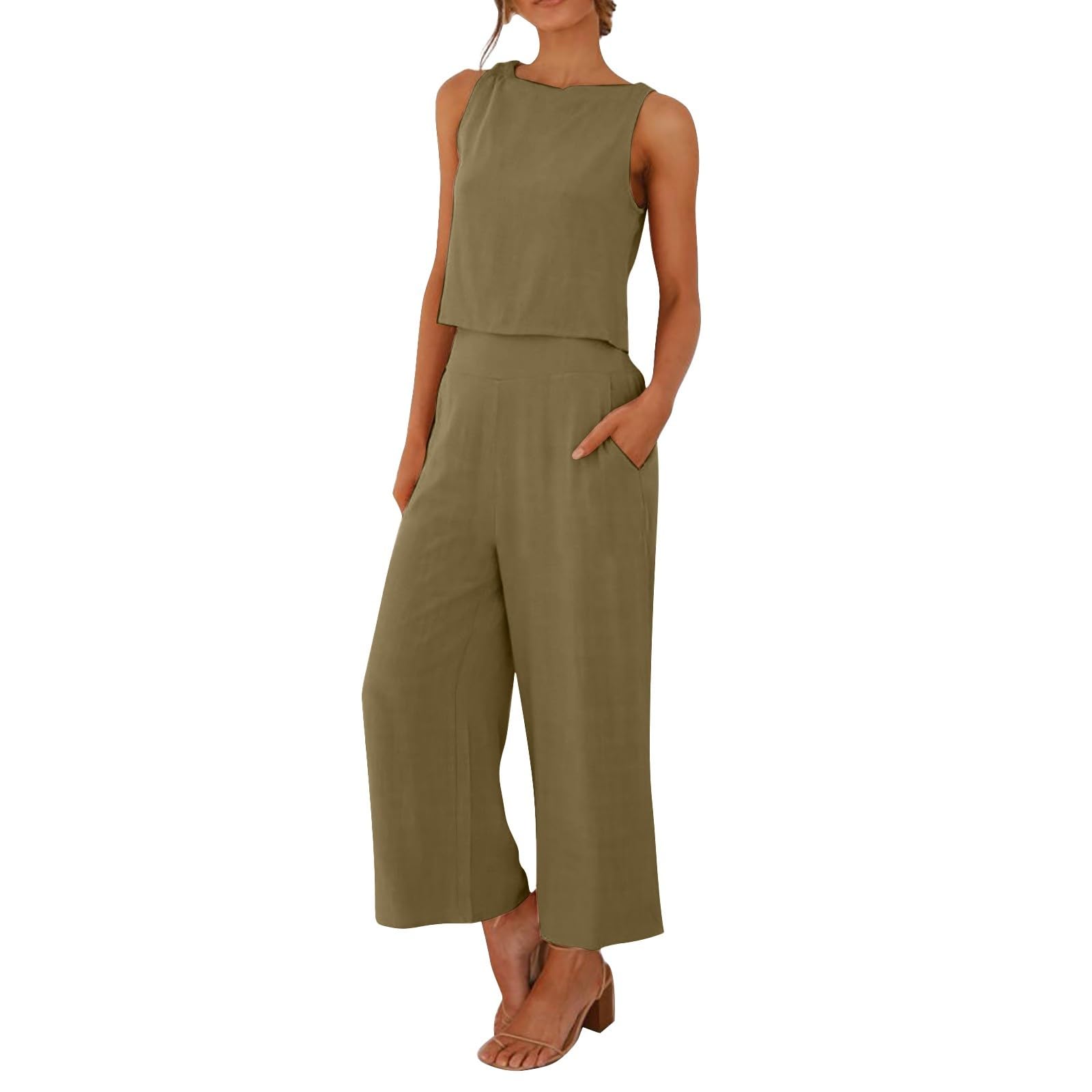 riou 2024 Conjunto Dos Piezas Mujer Casual Camiseta sin Manga y Pantalones de Piernas Anchas 7/8 Algodón y Lino Moda Cómodo Color sólido Traje de Pantalones y Blusa