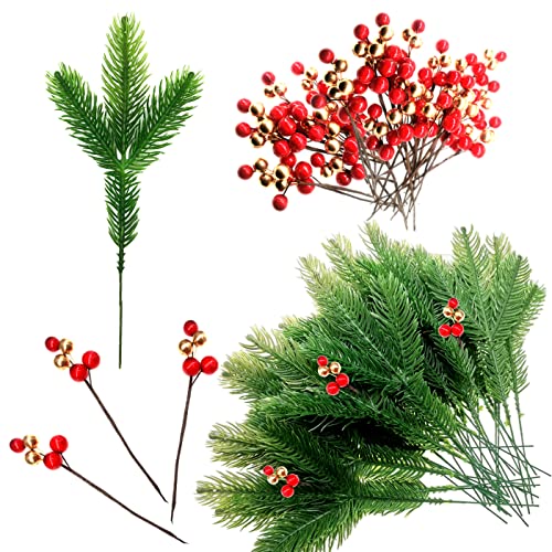 Luccyle 20pcs Ramas de Abeto Artificial+20pcs Bayas Artificiales Rojas y Doradas de Acebo,Ramas de Pino Artificiales,Accesorios de Corona de Navidad Decoración Árbol Navidad Cover