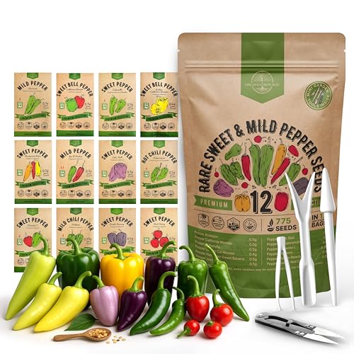 Organo Republic 12 Rare Sweet & Mild Pepper Seeds Variety Pack - 770+ Non-GMO Heirloom Pepper Seeds for Outdoor and Indoor Home Gardening Including Pepper Anaheim Pepperonchini Pimento Lilac Bell