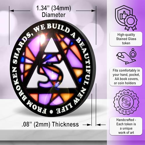 Image of Stained Glass 5 Year AA Chip Sobriety Coin Medallion, Fragments to Freedom Alcoholics Anonymous Addiction Recovery Anniversary Token, Inspirational Sober Gifts for Men and Women by the Token Shop