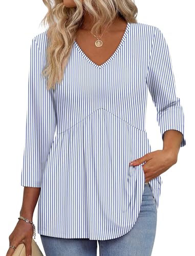Image of OFEEFAN 3 /4 Length Sleeve Womens Tops 2026 Blouses for Women Dressy Casual Fashion Clothing V Neck Babydoll Tops Fall Outfits
