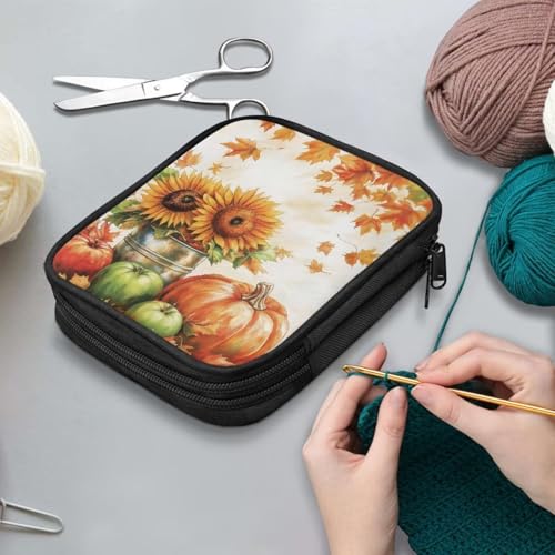 Image of Maple Leaf Pumpkin Crochet Hook Case Fall Knitting Needle Storage with Web Pockets for Home Park Hand Washable Autumn Gifts