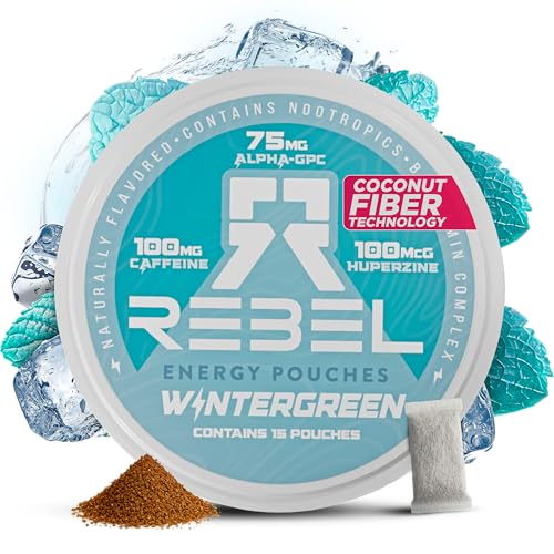 Rebel Nootropic Energy Caffeine Pouches (Wintergreen) • 100mg Caffeine • Alpha GPC • Huperzine...