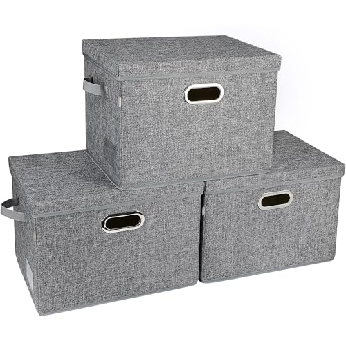Voova Large Collapsible Storage Bins with Lids,3 Pack Stackable Linen Fabric Cube Storage Organizer,Foldable Closet Storage Boxes Baskets Containers with Cover for Clothes,Bedroom,Home,Grey Voova Large Collapsible Storage Bins with Lids,3 Pack Stackable Linen Fabric Cube Storage Organizer,Foldable Closet Storage Boxes Baskets Containers with Cover for Clothes,Bedroom,Home,Grey