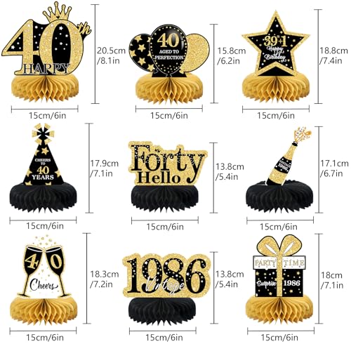 Image of 9 Pcs 40th Birthday Decorations Honeycomb Centerpieces for Women Men, Black Gold 1986 Aged to Perfection Vintage Centerpieces for Tables Toppers,Forty Years Party Decorations Supplies