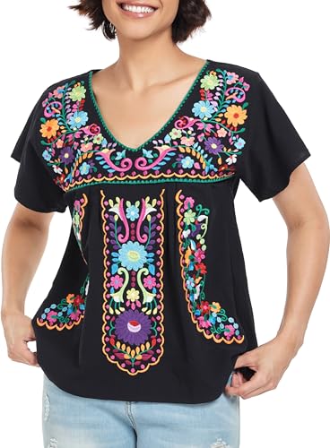 YZXDORWJ Women's Mexican V Neck Top Peasant Embroidered Blouse Traditional Summer Short Sleeve Shirt3
