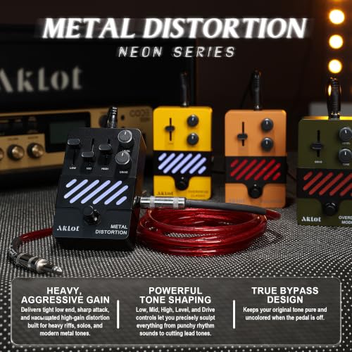 Image of AKLOT Metal Distortion Guitar Pedal: Crushing High-Gain Riffs to Searing Lead Sustain, Tight Punchy Low-End Attack, Gain & Tone Controls, Mini Guitar Electric Guitar Pedal True Bypass, NEON Blaze