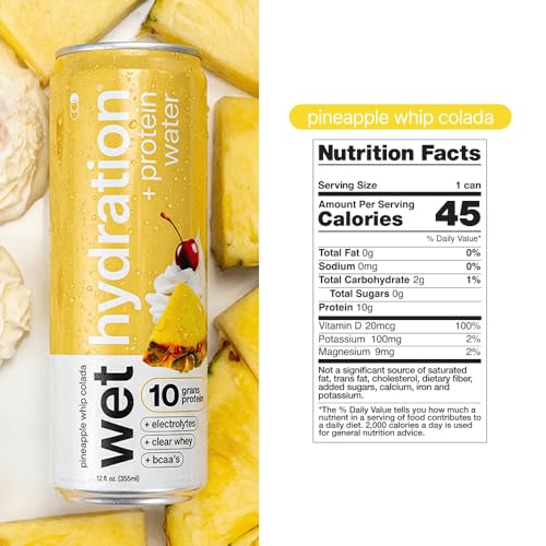 Image of Wet Hydration | Functional Wellness Water, Non-Carbonated - Pineapple Whip Colada (12 fl. oz.| Pack of 12) - Zero Calorie Hydration Drink with Electrolytes, Clear Whey Protein, BCAAs, Protein Water, No Sugar, No Artificial Ingredients