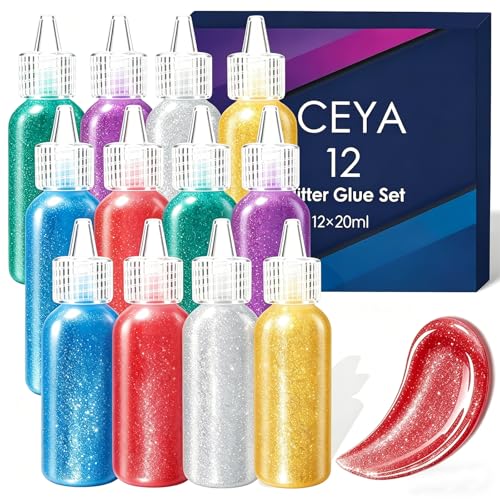 Image of Ceya 12 Pcs Glitter Glue Set,6 Colors Non-Toxic Washable Glitter Glue Pen Each 20ml,Bulk Glitter Gle Glue for Crafts,Greeting Card,Slime Making,Scrapbooking,DIY Mask Art,Christmas Decoration Supplies