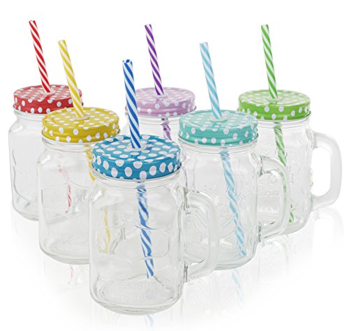 Golden Spoon Glass Drinking Jar/Mug with Handle, Stainless Steel Lid, Stainless Steel Colored Lid, Colored Straws, Regular Mouth, Dishwasher Safe, BPA Free, Set of 6 (16 oz/Pint)