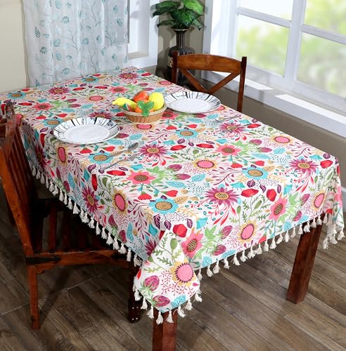Image of ishro home Premium Dining Table Cover 6 Seater | Table Cover Cloth | Table Cloth 6 Seater - Soft European Fabric, Frill Design, Machine Washable | (Sun Garden, 56x90 Inch (6-8 Seater))