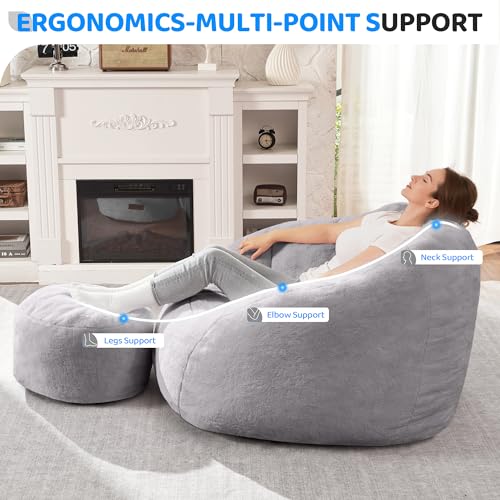Image of HABUTWAY Bean Bag Chair, Giant Bean Bag Chairs for Adults with Ottoman, Comfy Faux Fur Shell-Shaped Bean Bag Couch, Sofa Chair for Living Room, Bedroom, Grey