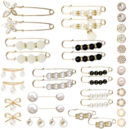 36 Pieces Crystal Pearl Brooch Safety Pins Pant Waist Tightener Pins Button Pins for Clothes Sweater Shawl Collar Dress Cardigan Shirt Jeans Decoration Accessories for Women Girls