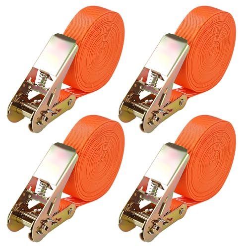 4 Stück Spanngurte mit Ratsche, Orange Zurrgurt 6mx25mm mit 1000kg Tragkraft Verstellbarer Spanngurt 6m, Zurrgurte mit Ratsche Ladungen einfach sichern, Spanngurte 6m nach DIN EN 12195-2