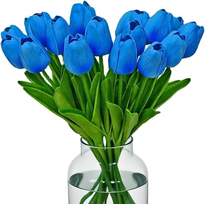 Image of Garden Art Artificial Tulip Flowers (Pack of 5) | Real Touch Silicone Single Stem Tulips for Home Decor, Living Room, Office, Vase & Wedding Decoration GAASTFB-1H-33Y (Blue)