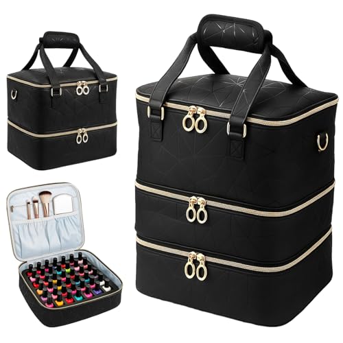 Nail Polish Organizer Case Holds Bottles Nail Polish Storage for Nail Tech & DIY Kits Portable Nail Bag Supplies Carrying Case (Black 3 Layers)