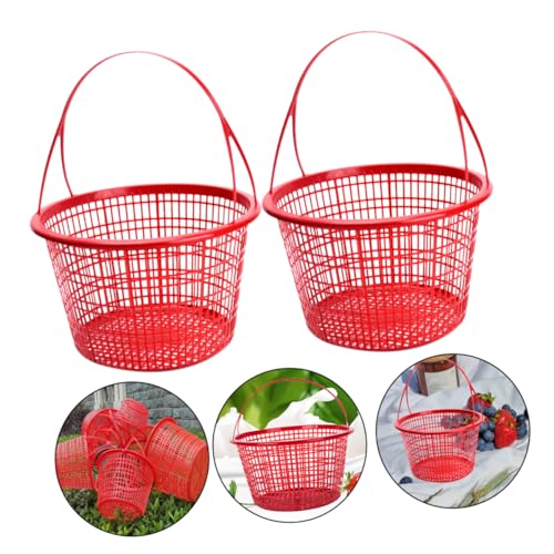 MERRYHAPY 10pcs Fruit Picking Basket Hamper Baskets Basket with Handle Shower Basket Cherries Picking Basket Mini Storage Basket Bathroom Basket Garden Basket Round Red Picnic Basket Plastic