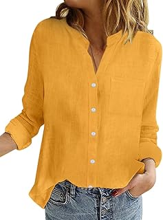 Camisa de Manga Larga Mujer Primavera Verano algodón y Lino Moda Color sólido Blusa Cuello en V Camiseta Tops Fiesta Suelto T-Shirt Casual Oficina tee Cómodo Basic