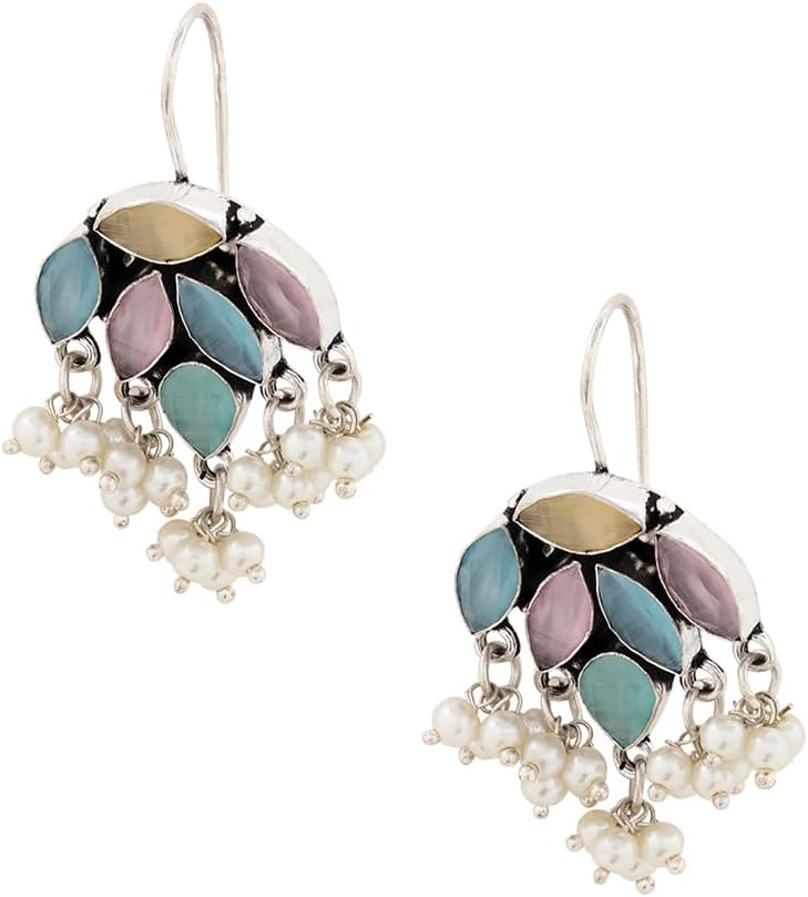 925 Silver Plated Stones Studded Cluster Pearls Dangle Hook Oxidized Earrings - Handcrafted Elegant Jewelry for Women