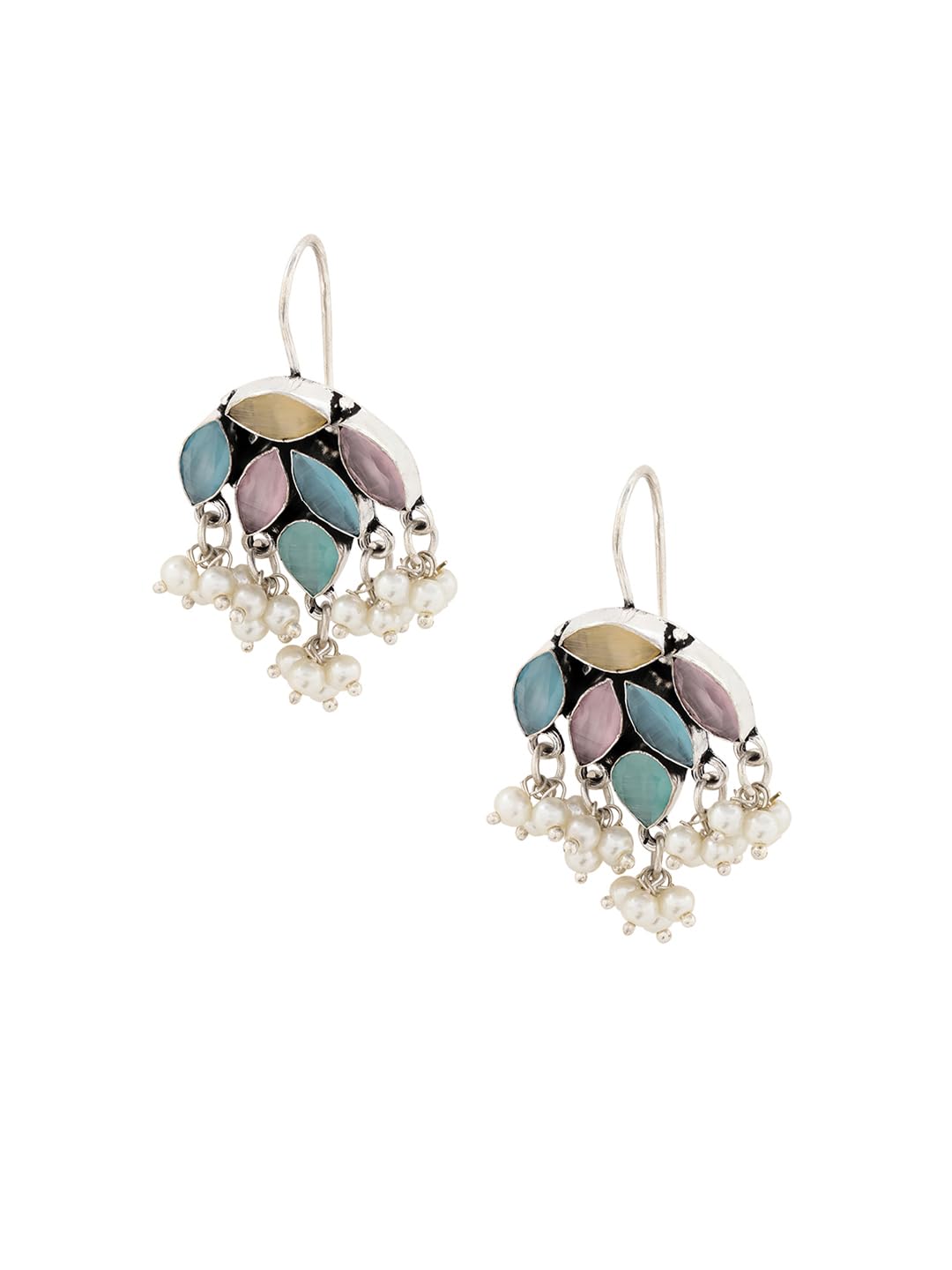 El Regalo 925 Silver Plated Stones Studded Cluster Pearls Dangle Hook Oxidized Earrings - Handcrafted Elegant Jewelry for Women (Pastel Multi Color) (B0D7MS6Z7K) Amazon Price History, Amazon Price Tracker