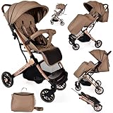 Lightweight Stroller, Baby Pushchair, Compact Travel Buggy, One Hand Foldable, Upgraded Wheels, Four Seasons Stroller, Foot Cover, Mommy Bag, Rain Cover (Khaki - Rose Gold Frame)