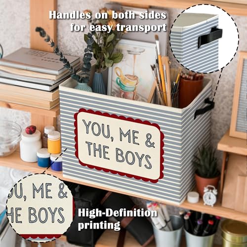 Image of Vintage Boy Nursery Storage Bins Box with Handles, You Me and the Boys Blue Striped Collapsible Basket Organizer for Kids Boys Room Bedroom Playroom Bathroom Books Clothes