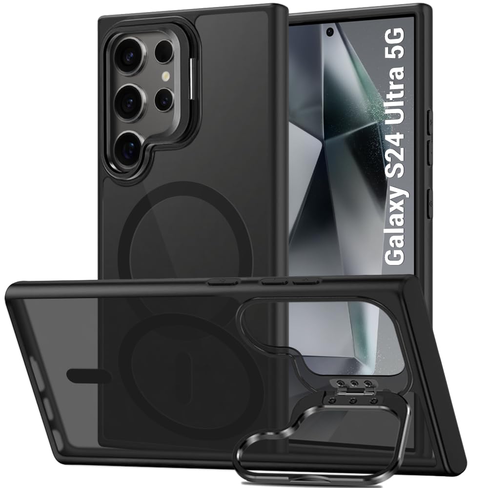 TheGiftKart Hybrid Shockproof Back Cover Case for Samsung Galaxy S24 Ultra 5G | Hard Case for Samsung S24 Ultra (PC & TPU, MagSafe Compatible, Built-in Stand, Translucent Smoke Back, Black Sides)