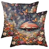 Juego de 2 fundas de almohada de alienígena de mariposa, cojines florales coloridos para decoración del hogar de primavera, estilo rústico al aire libre para sofá, cama, 20 x 20 pulgadas