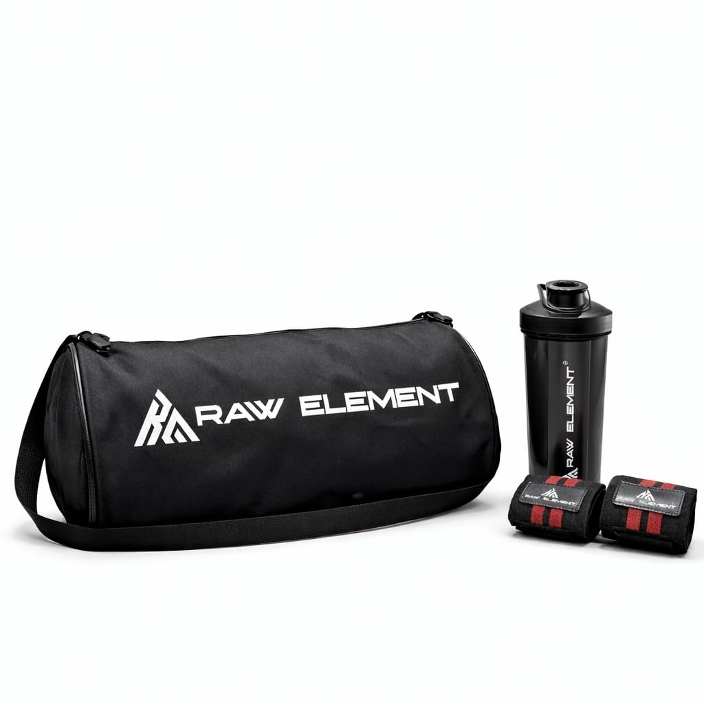 Gym Duffle Bag with Fitness Accessories | Wrist Support Wraps | Protein Shaker Bottle | Workout Training Carry Kit for Home Travel Exercise