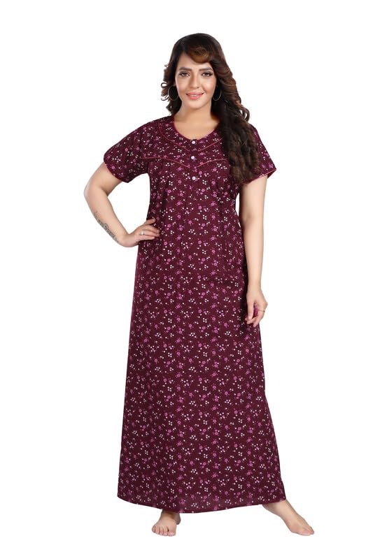 Image of CLOUD SOFT Women's Cotton Printed Pleated Full-Length Nighty with Pocket | Soft Comfortable Night Dress, Sleepwear & Homewear (CS7001)
