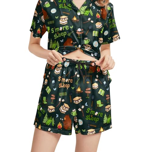 Image of Silk Satin Pajama Set for Women Summer Lounge Pjs Sets 2 Piece Suit Ladies Button Down Tops And Shorts Sleepwear