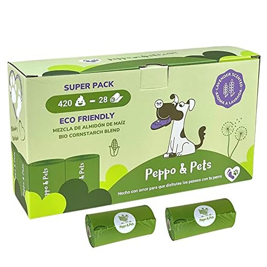 Bolsas caca perro – 420 unidades (28 rollos) – Peppo and Pets – Con olor a lavanda, resistentes, opacas y a prueba de fugas – Bolsas higiénicas mezcla de almidón de maíz