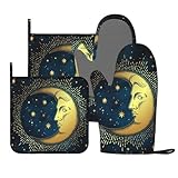 Cool Gold Moon Star Oven Mitts and Pot Holders Sets, 4pcs Silicone Non-Slip Kitchen Mitts Potholders Heat Resistant BBQ Gloves Hot Pads for Cooking Grilling Baking Microwave Chef Gifts Decor