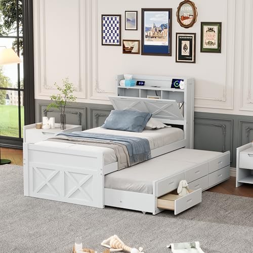Ball & Cast Twin Size Wooden Platform Bed,Daybed with Built-in Outlets & Storage Headboard,Extendable Bedframe w/Trundle and 3 Drawers,Bedroom Furniture for Apartment,Guest Room,White
