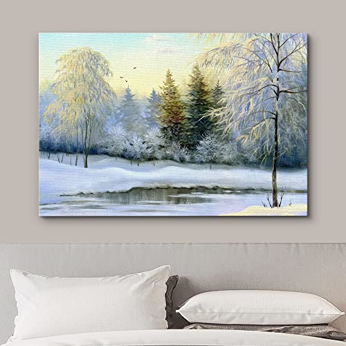 Wall26 Canvas Print Wall Art Winter Forest Landscape With Frozen Lake Nature Wilderness Illustrations Modern Art Rustic Scenic Colorful Multicolor For Living Room, Bedroom, Office - 32"X48" #TOP2