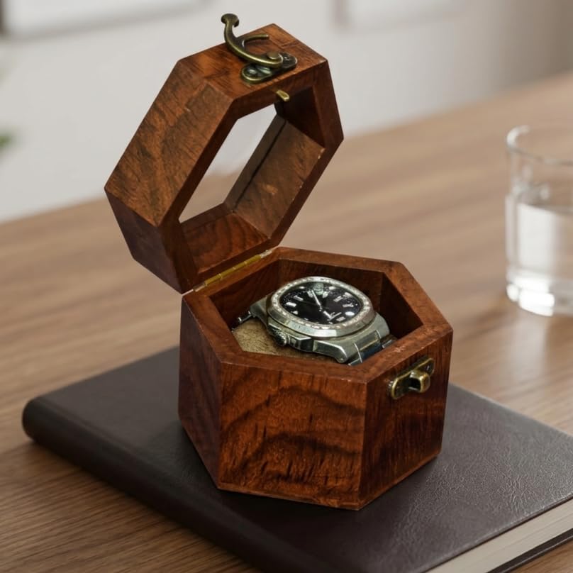 Image of Wooden Watch Box /Case, Handmade Hexagonal Shape, Gift For Men /Women, Watch Collection Box Case, Watch Storage Box, Watch Box Organizer Display, (Pack Of 1, Golden Brown)