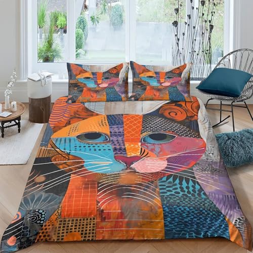 Housse de couette chat 140x200 imprimé 3d géométrique avec fermeture éclair