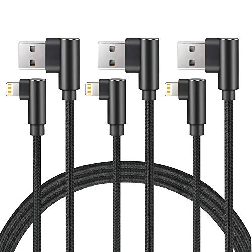 Right Angle Phone Cable 3pack of 3ft 6ft 10ft Black Fast Charger Nylon Braided Data Cord 90 Degree Elbow for Game Video Compatible with Phone,Pad, Pod and More