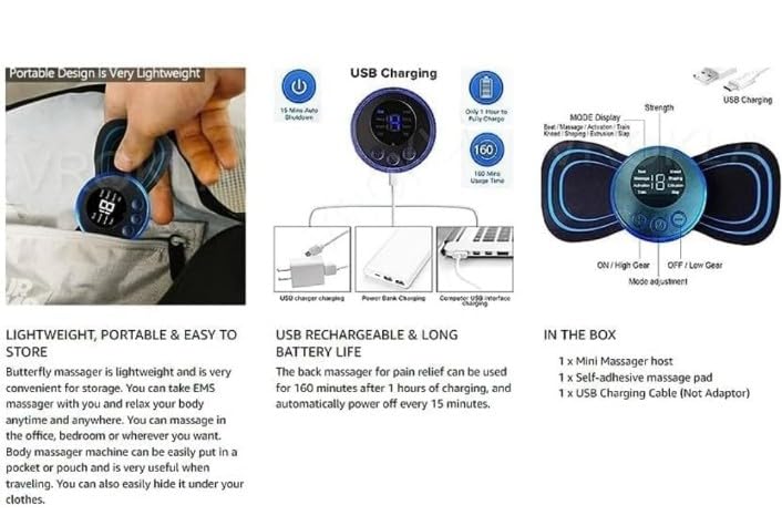 REBONICX Full Body Mini Butterfly Tens Massager With 8 Modes, 19 Levels Electric Rechargeable Portable EMS Patch For Shoulder, Neck, Arms, Legs, Neck, Men/Women, Black REBONICX Full Body Mini Butterfly Tens Massager With 8 Modes, 19 Levels Electric Rechargeable Portable EMS Patch For Shoulder, Neck, Arms, Legs, Neck, Men/Women, Black